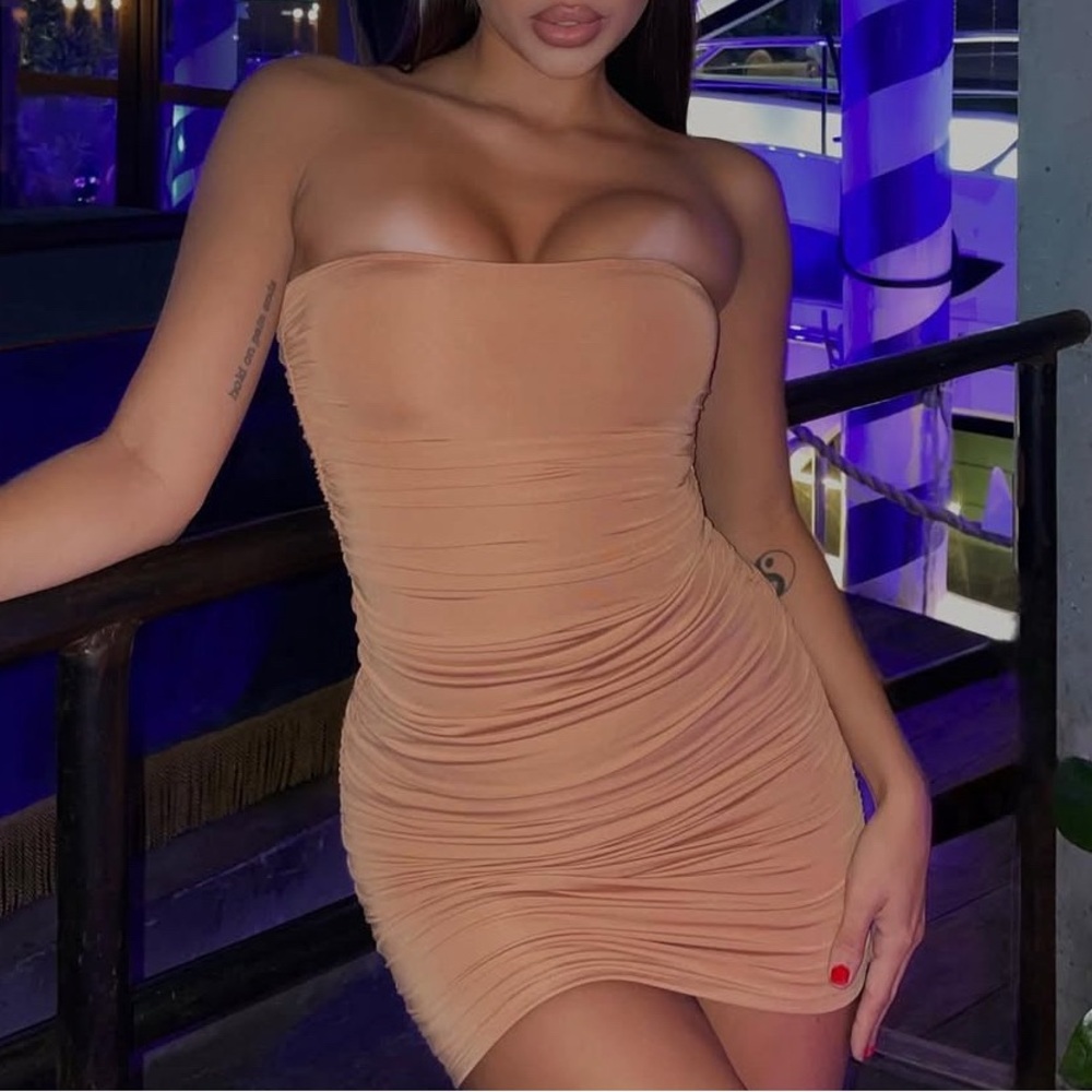 Oh Polly Tan Ruched body-con mini Dress